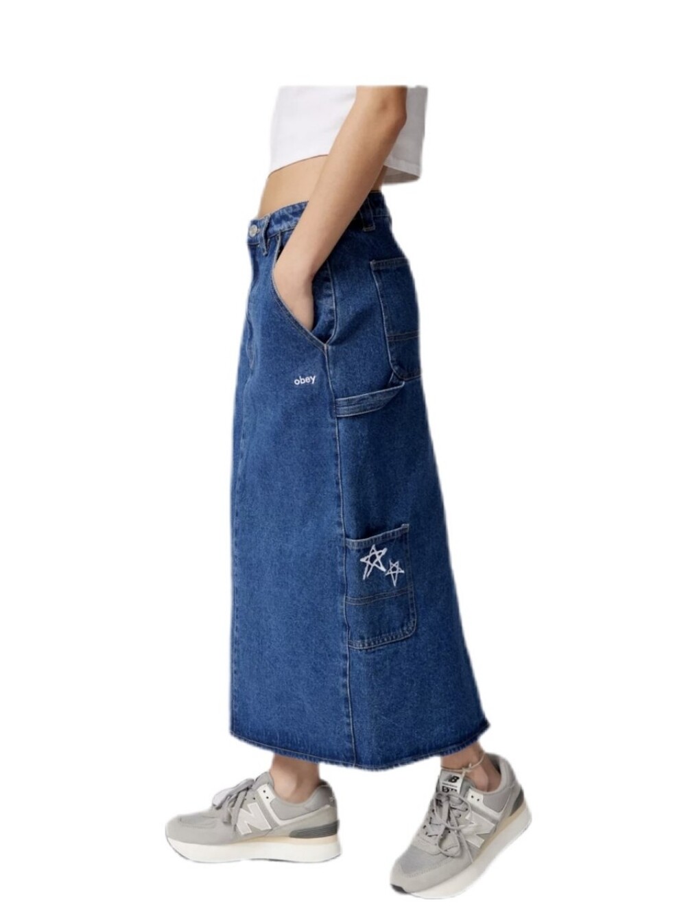 Obey Women's Juniper Blue Denim Carpenter Midi Skirt Size 28
